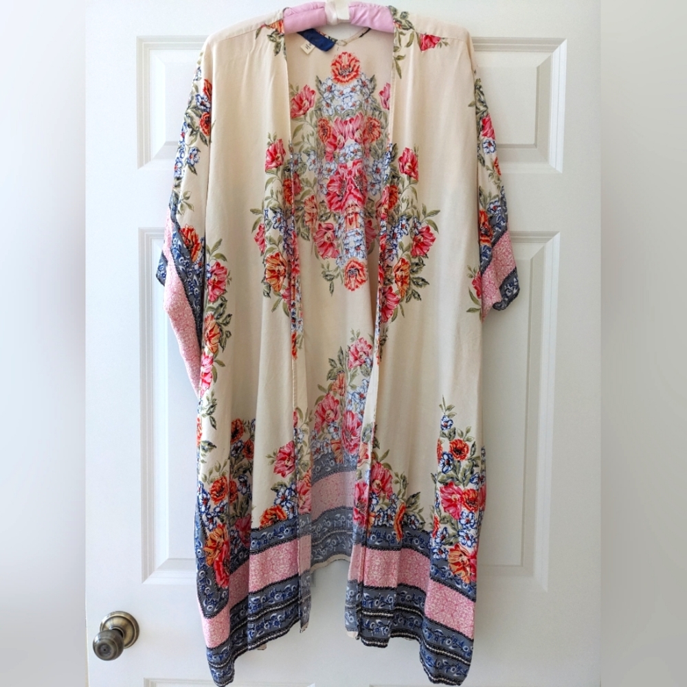 Blue Rain kimono floral rayon layering bohemian Open Front M